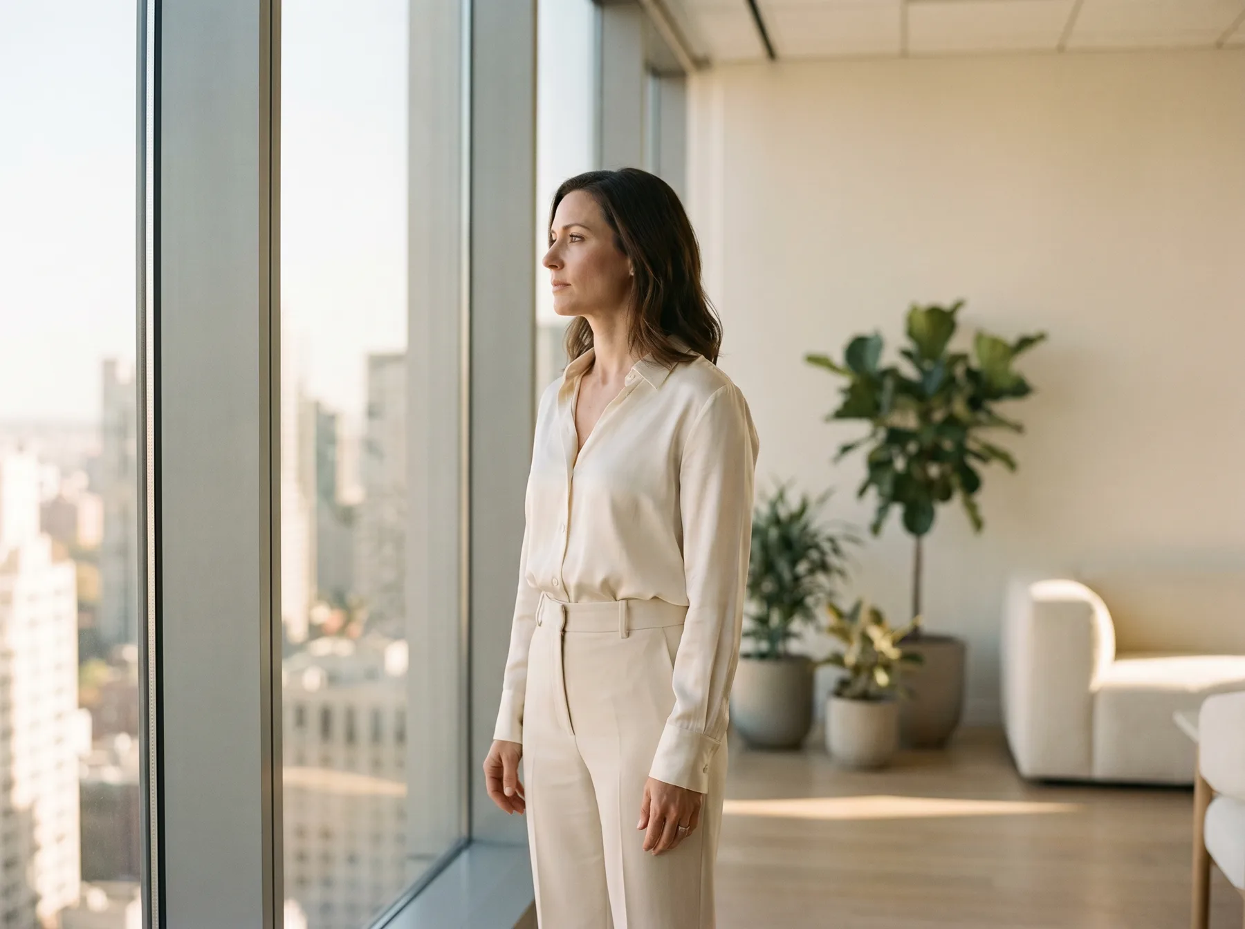 Woman standing at a window in a sunlit office, looking out thoughtfully.