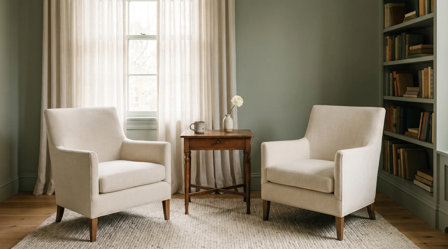 Interior of a therapy office with two cream armchairs and a small side table.