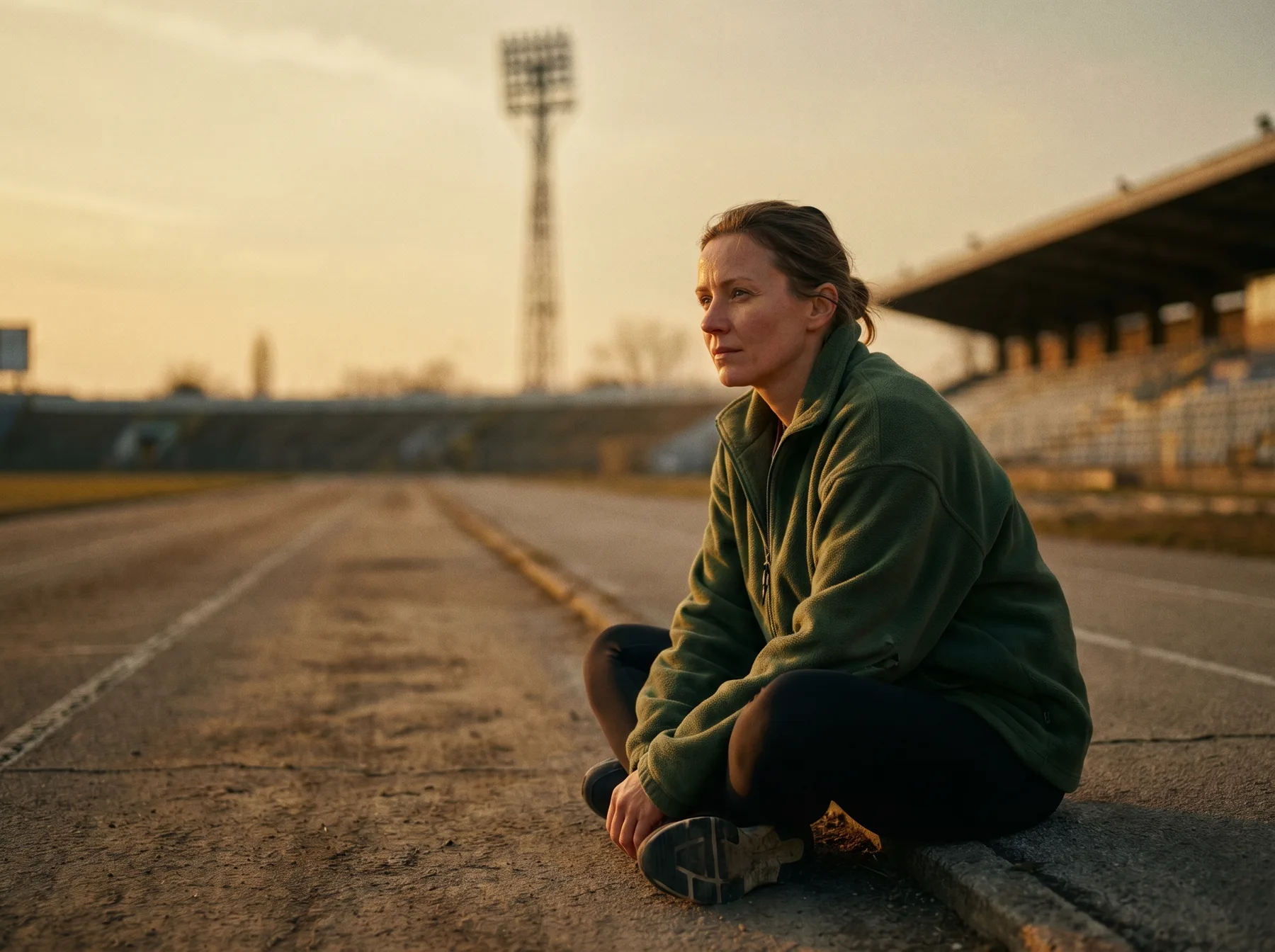 Female athlete sitting on the edge of an empty track at golden hour.