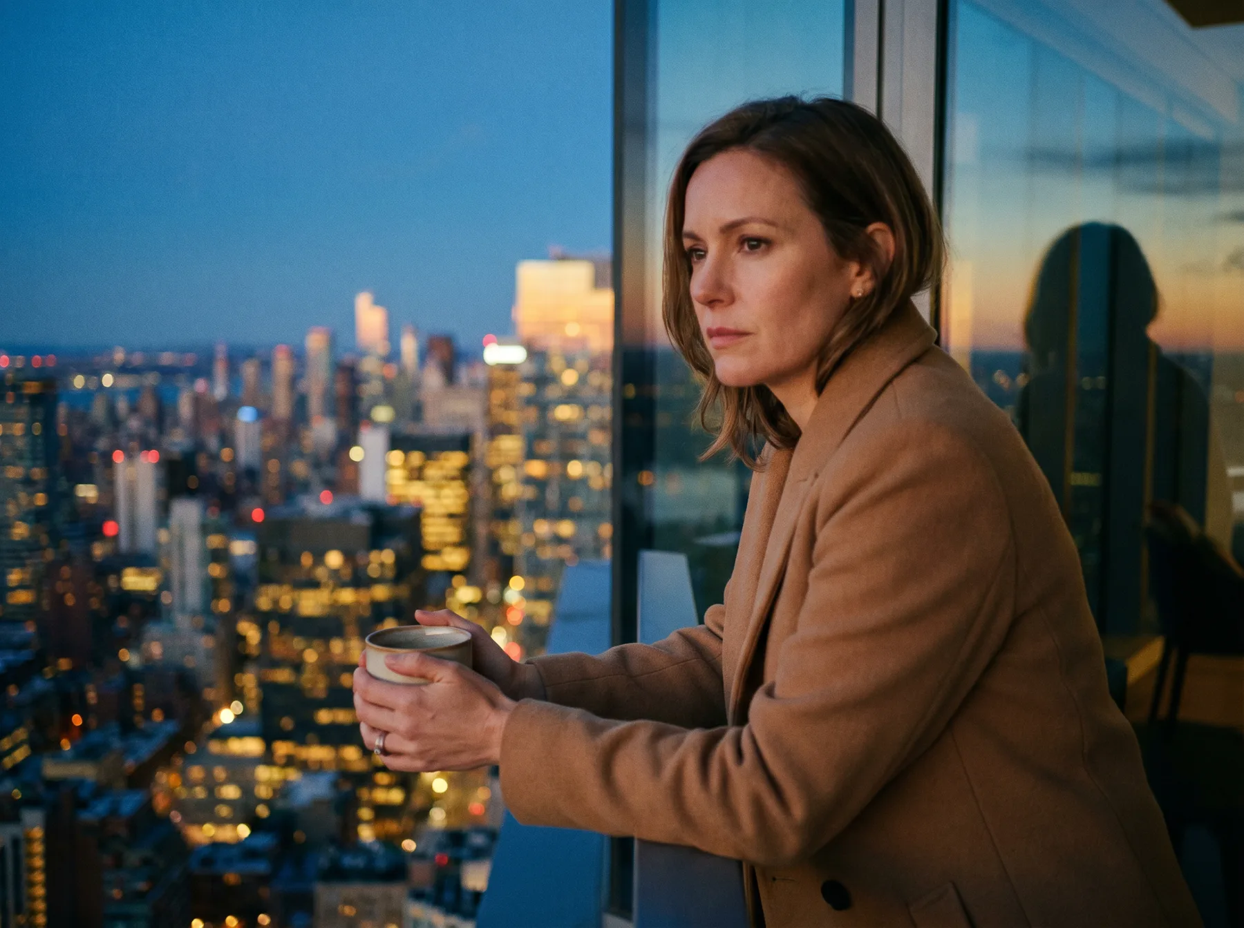 Woman executive looking out over a city at dusk, holding a coffee cup.