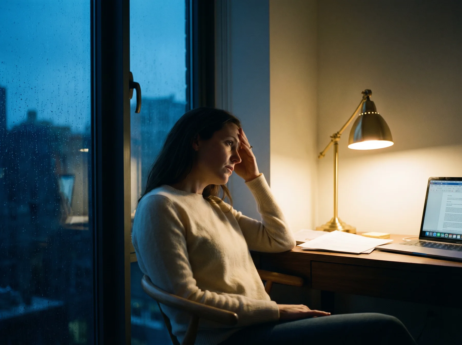 Woman founder at a desk late at night, leaning back with hand on forehead.